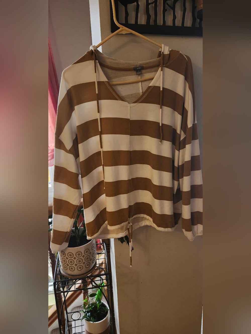 aerie Striped V-Neck Hoodie in Brown and Cream